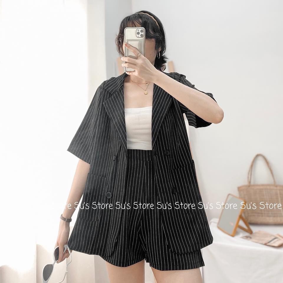 Video và ảnh thật - Set vest đen kẻ sọc cộc tay