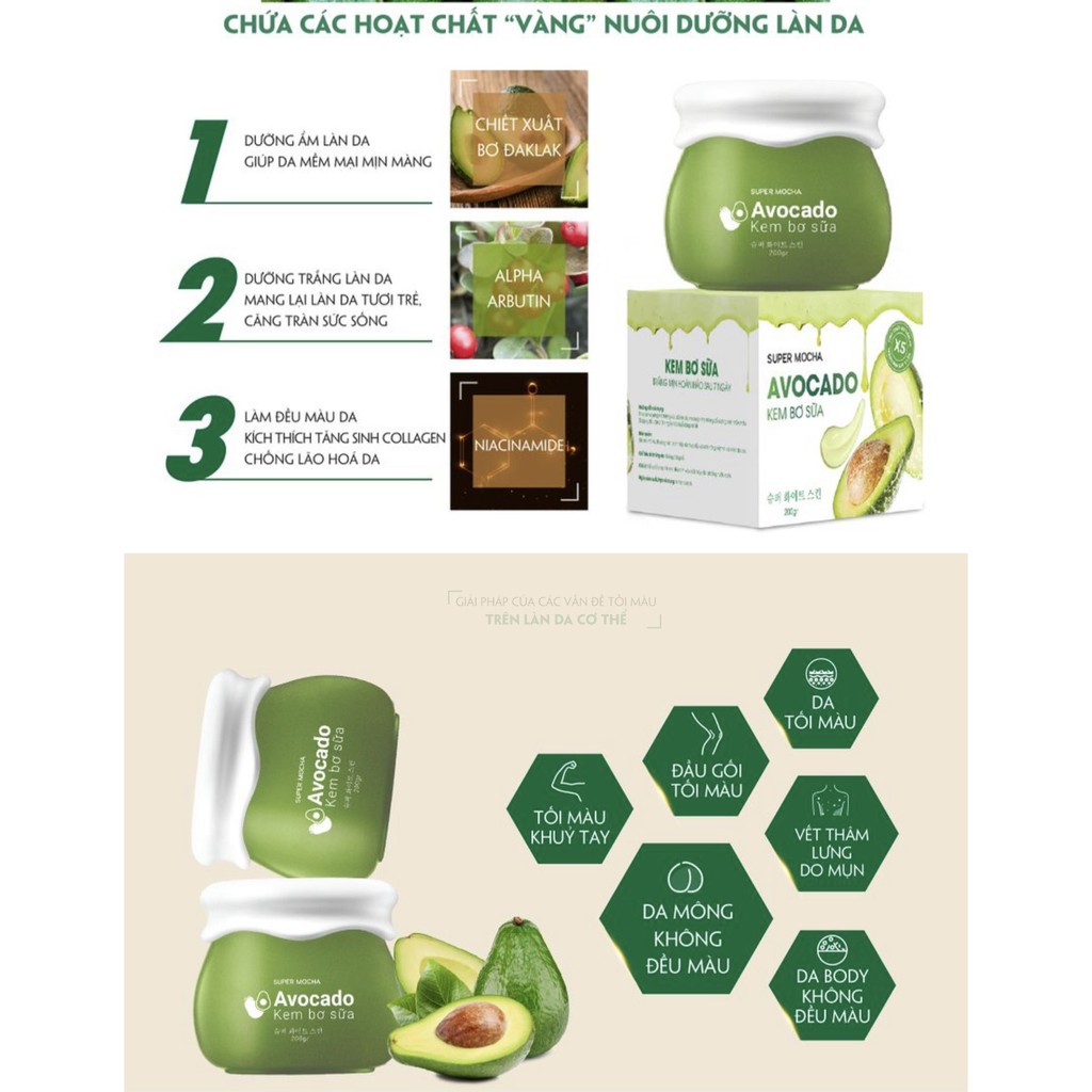 [CHÍNH HÃNG + QUÀ TẶNG] Kem bơ sữa SUPER MOCHA - Kem body bơ sữa Avocado Body Cream trắng mịn như bơ 200gr | BigBuy360 - bigbuy360.vn