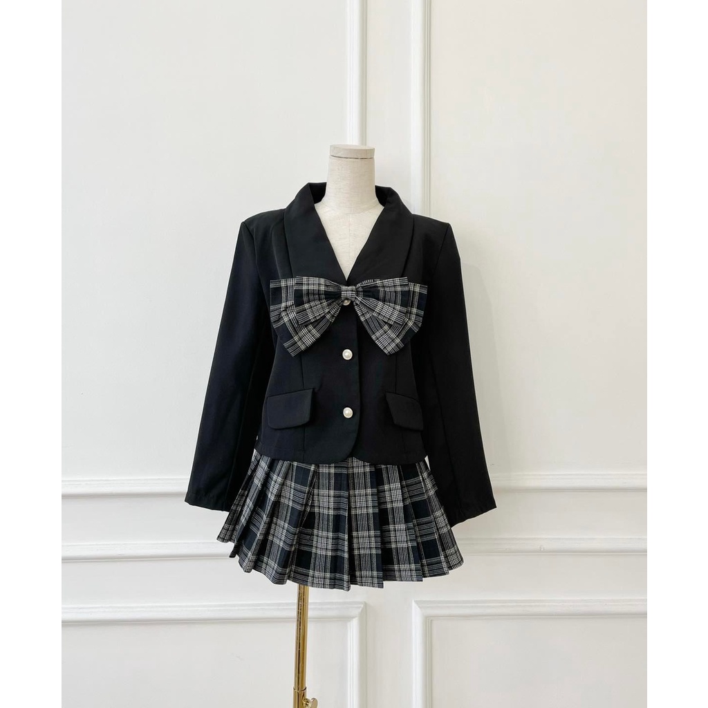 [HÀNG THIẾT KẾ CAO CẤP] Set Áo Sơ Mi Phối Nơ + Chân Váy Xếp Li Dễ Thương Màu Đen