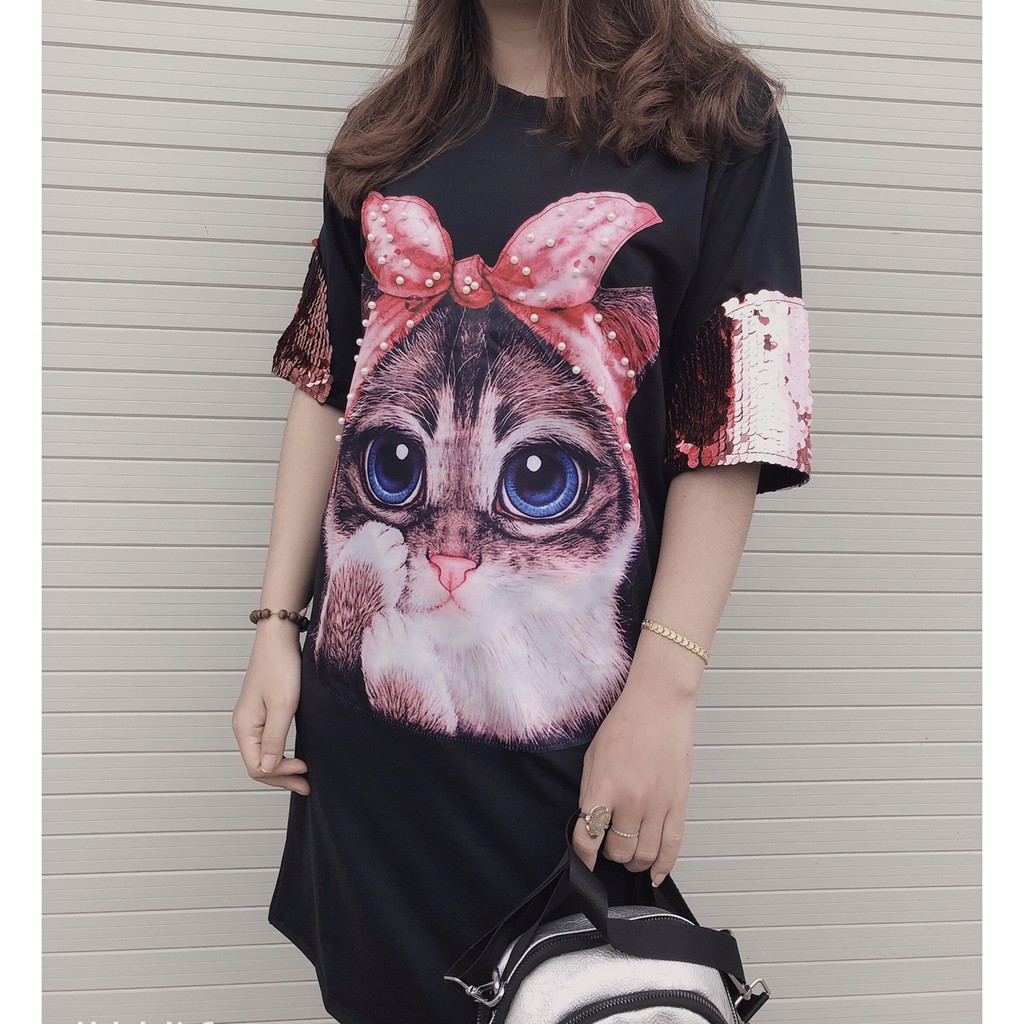 Váy Suông In Hình Mèo Kim Sa Đính Hạt | BigBuy360 - bigbuy360.vn