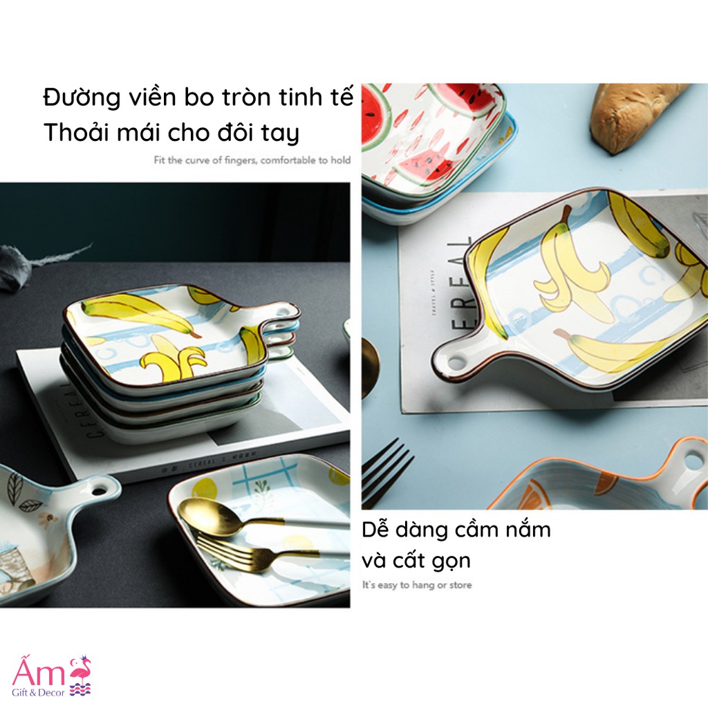 Đĩa Sứ Họa Tiết Đựng Hoa Quả Decor Trang Trí Bàn Ăn Có Tay Cầm - Kích Thước 22.5x16cm, Sâu Lòng 3.4cm - ẤM GIFT & DECOR | BigBuy360 - bigbuy360.vn
