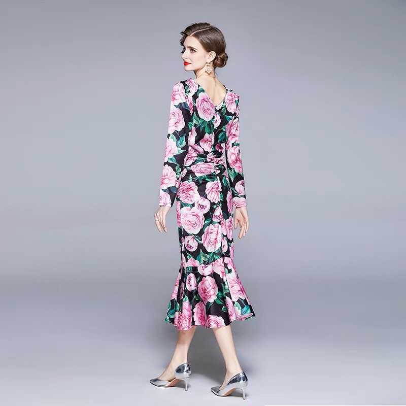 Đầm lụa body đuôi cá họa tiết hoa hồng Quảng Châu cao cấp thương hiệu thời trang D&R D083