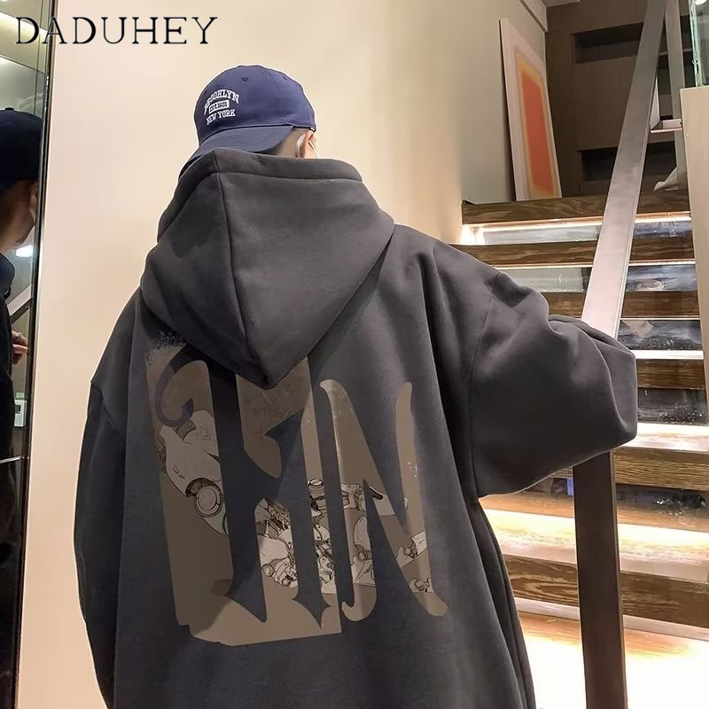 DaDuHey American Style Casual Alphabet Print Hoodie Men's and Women's Loose Trendy Autumn Versatile Couple's Long-Sleeved Top