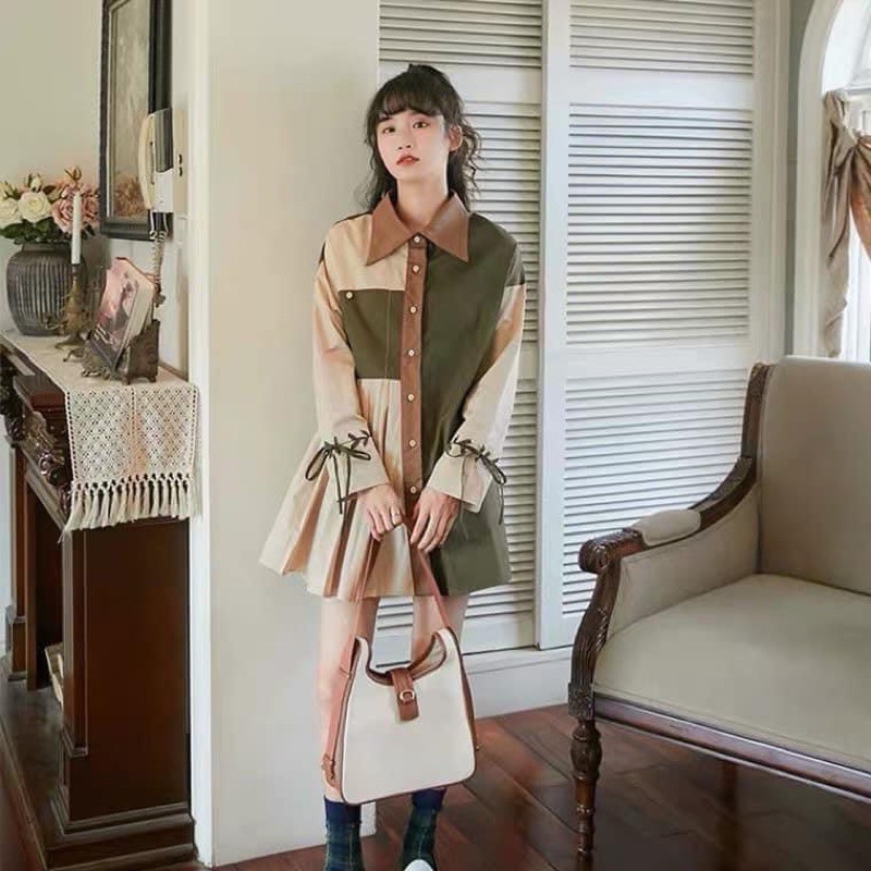 Áo sơ mi phối màu dáng váy giấu quần phom suông rộng dài tay dành cho nữ chất, cá tính thời trang phong cách Ulzzang Hàn | BigBuy360 - bigbuy360.vn