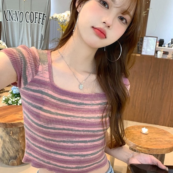 Áo thun ZHELIHANGFEI dệt kim ngắn tay họa tiết kẻ sọc phong cách quyến rũ