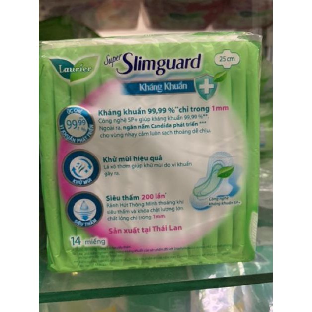 Băng vệ sinh cao cấp Laurier shuper slimguard kháng khuẩn  25cm ( có cánh ) 14 miếng