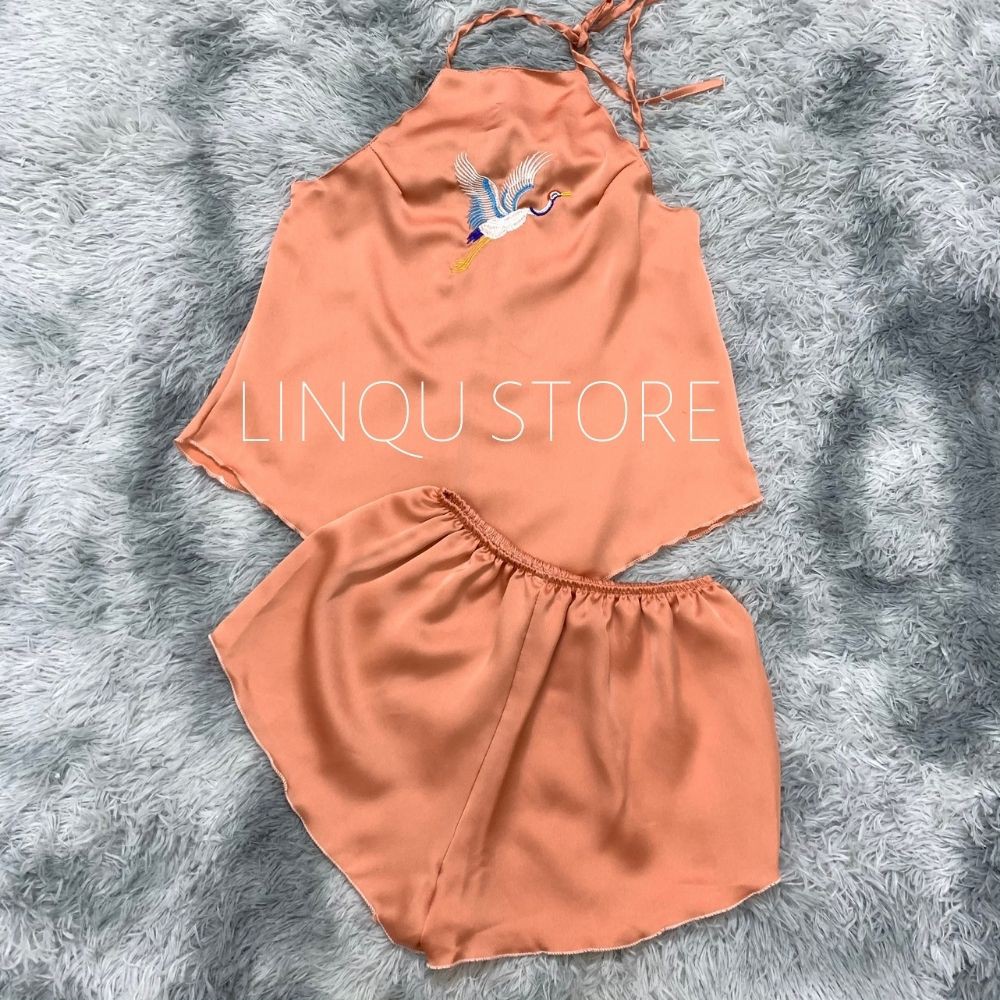 Đồ ngủ yếm sexy 💋Freeship💋 Bộ ngủ yếm sexy thêu hạc, áo yếm Freesize dưới 60kg - Linqu Sleepwear