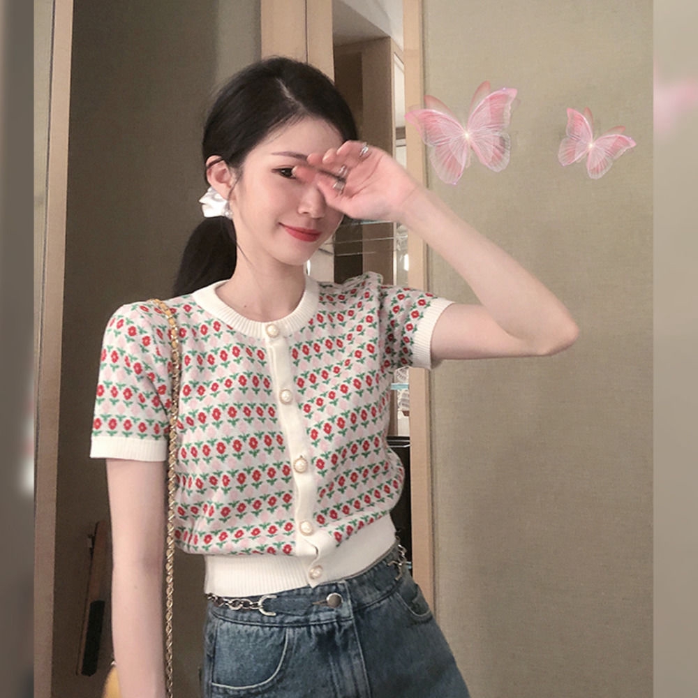 Áo Dệt Kim Tay Ngắn Hoạ Tiết Hoa Thiết Kế Thời Trang Xinh Xắn Cho Nữ