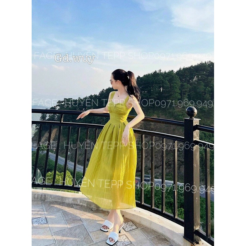 [9.9 Sales Freeship] Đầm maxi xanh lá hai dây dáng dài, đầm xanh nhún ngực ôm eo dáng xòe đi biển xinh xắn