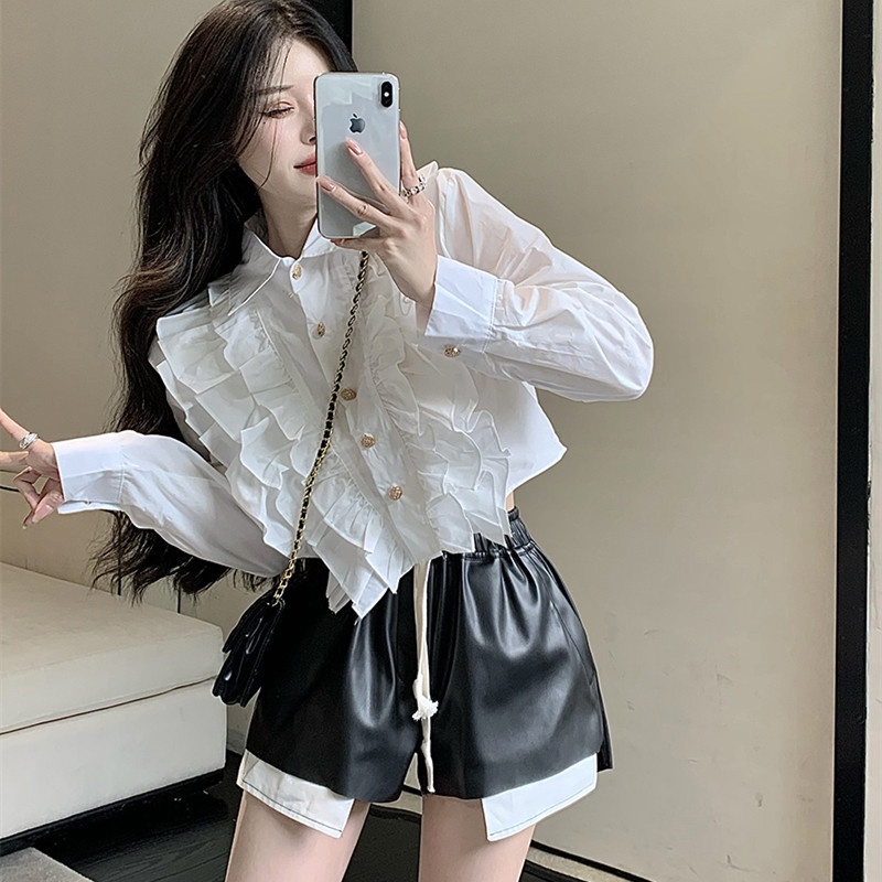 Set Áo Sơ Mi Tay Dài + Quần Short Da pu Lưng Cao Thời Trang