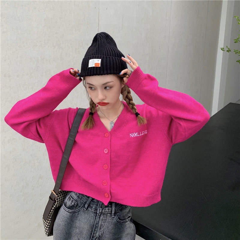 Áo khoác cardigan dệt kim tay dài thêu chữ phong cách Hàn Quốc kiểu mới dành cho bạn nữ