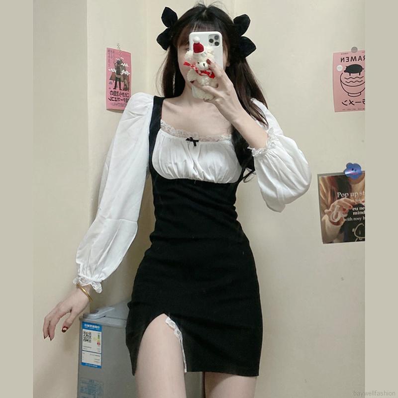 Đầm 2 mảnh dáng ôm xẻ tà tay phồng cổ vuông phối ren tương phản thời trang Pháp cho nữ | BigBuy360 - bigbuy360.vn