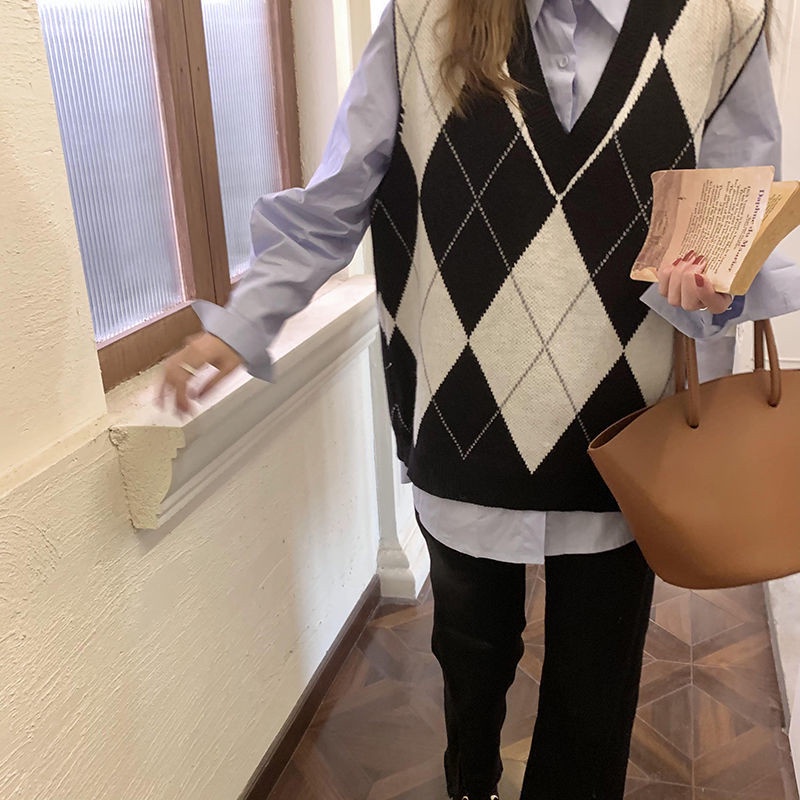 Áo sweater SUXI dệt kim cổ chữ V dáng rộng họa tiết caro phong cách Hàn Quốc cổ điển thời trang