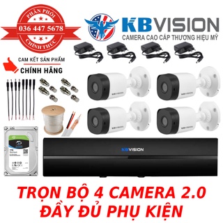 Trọn bộ  4 camera Kbvision 2.0M  thương hiệu mỹ: ổ cứng 1 TB, dây và nguồn (Lắp đặt dễ dàng)