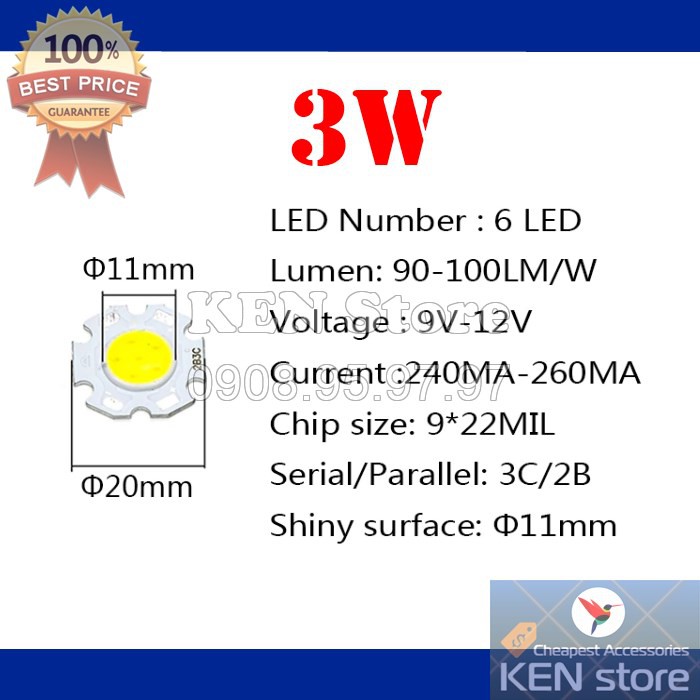 Bóng led, nhân led, chip led 3W 5W 7W 10W đường kính 20mm