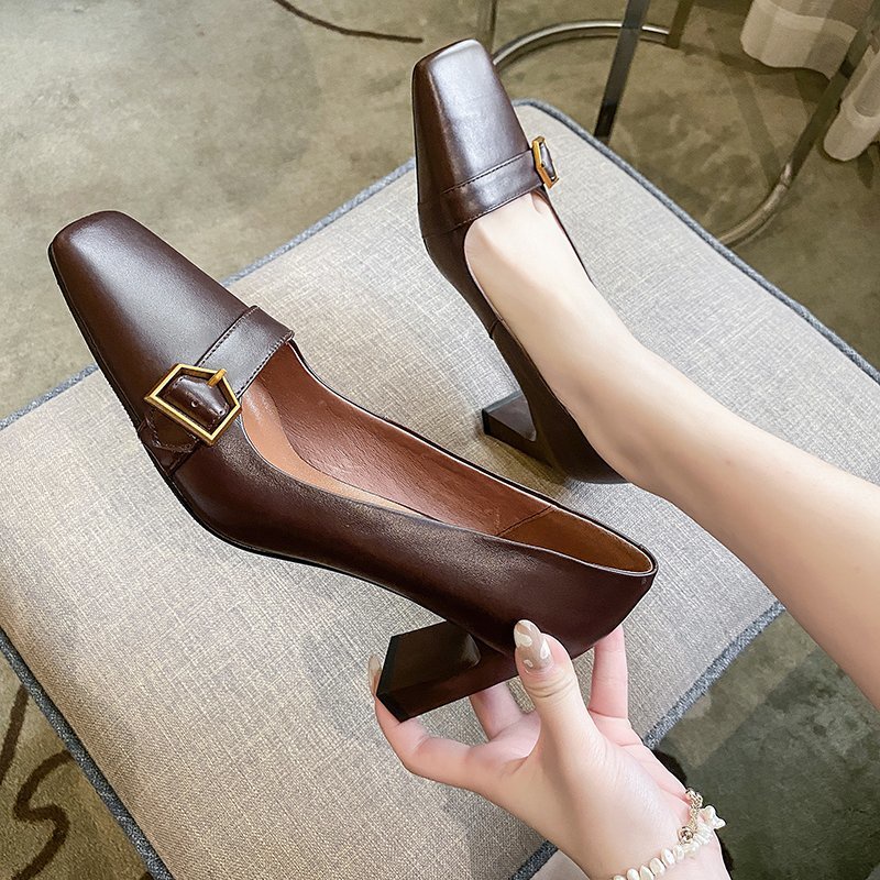 Giày cao gót Mary Jane mũi vuông loafer cao gót 7cm công sở vintage