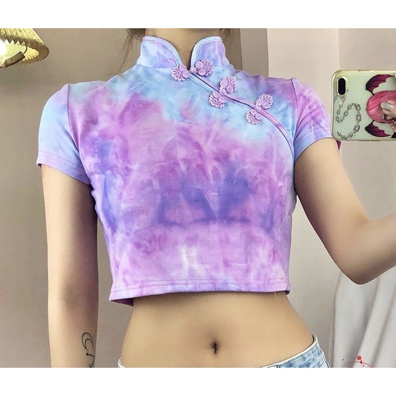 Áo croptop cổ tàu loang màu