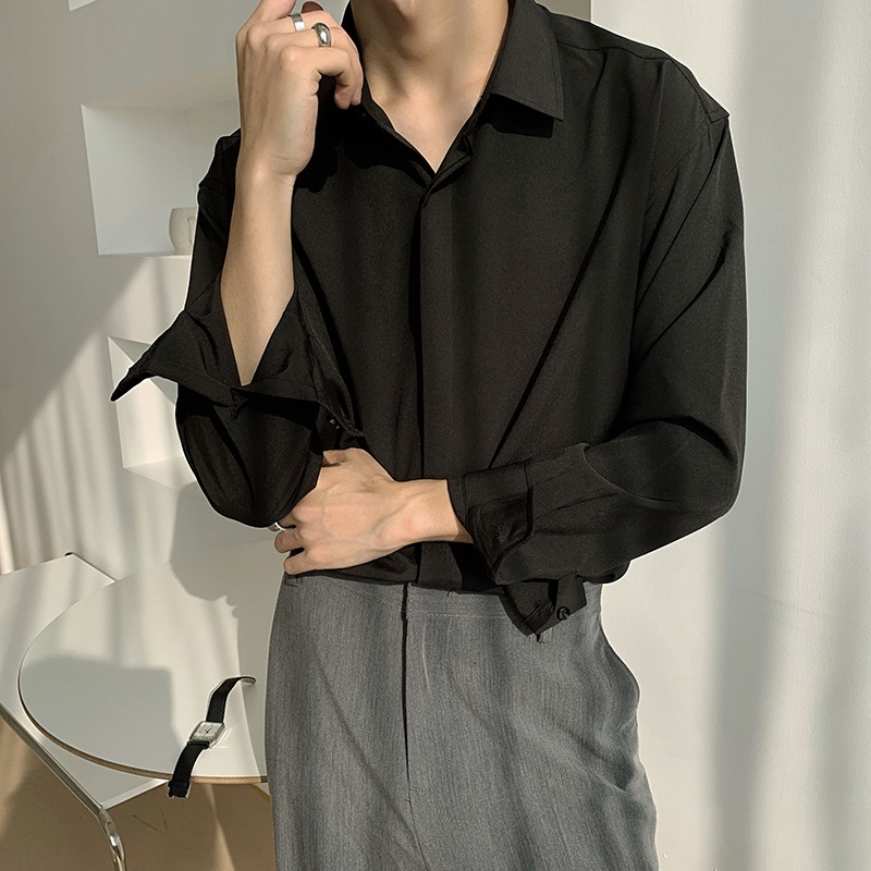 Áo Sơ Mi Trơn Dáng Rộng Thời Trang Hàn Quốc Dành Cho Nam áo sơ mi vintage Sơ Mi Tay Dài Vải Lụa Thời Trang Hàn Quốc Cao Cấp Cho Nam