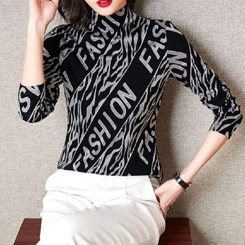 Áo thun tay dài in chữ thời trang cho phụ nữ trung niên