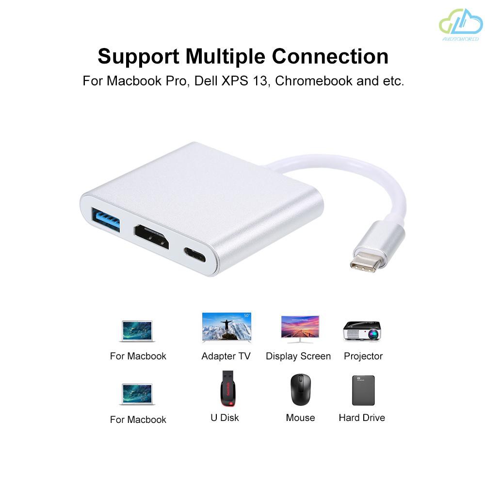 Cáp Chuyển Đổi Usb 3.1 Type-C Sang Usb 3.0 / Hd / Type-C Hub Usb-C 3 Trong 1 Cho Macbook Pro / Dell Xps 13