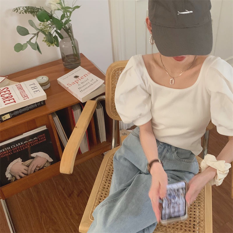 Áo Kiểu Tay Phồng Ngắn Hở Lưng Thắt Nơ Phong Cách Pháp 2022 Quyến Rũ Cho Nữ