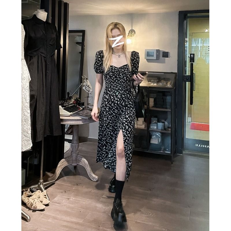 Đầm Hoa Chữ A Cổ Vuông Tay Phồng Xẻ Tà Thời Trang Mùa Hè Kiểu Pháp Mới Cho Bạn Gái