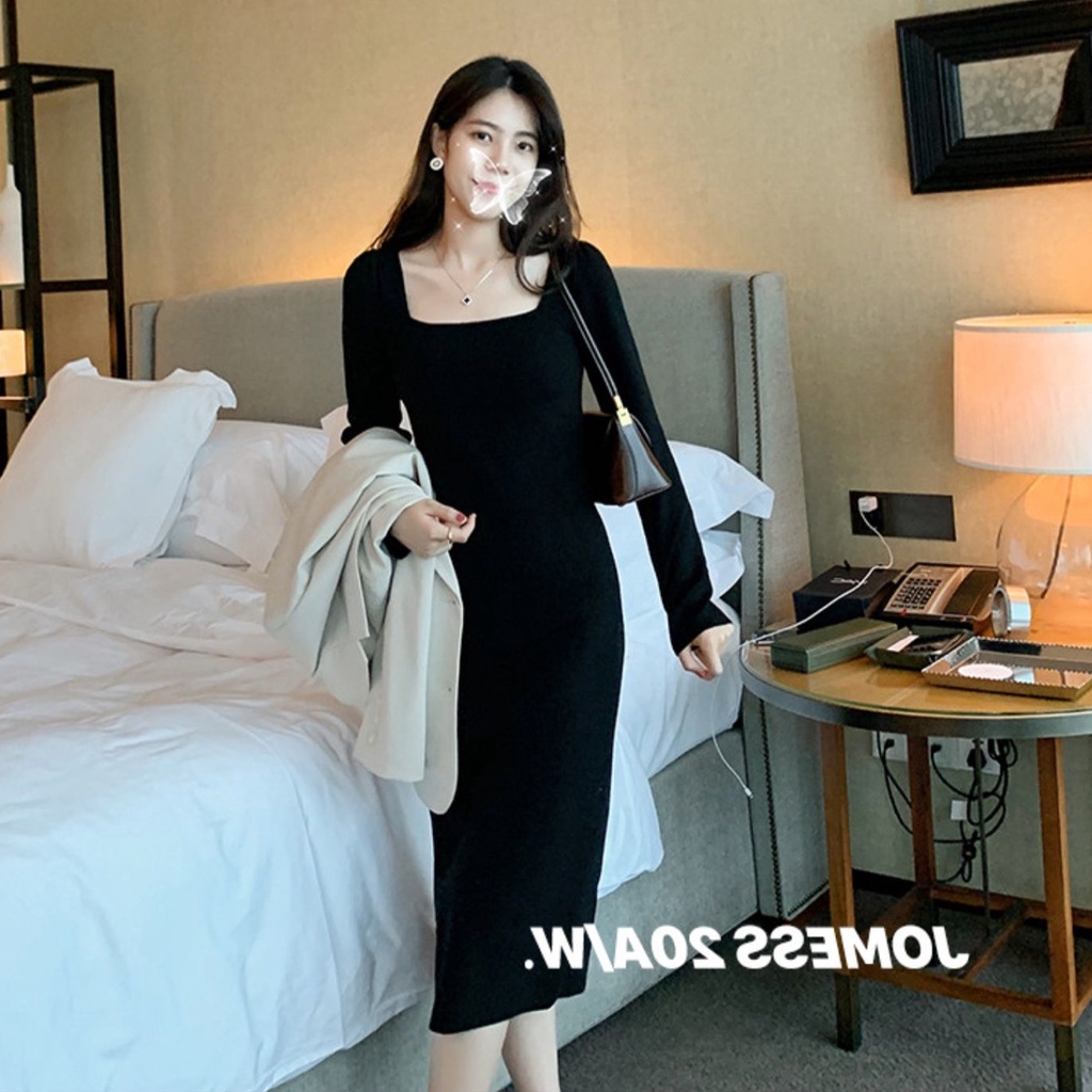 Đầm Dệt Kim Cổ Vuông Dáng Ôm Xẻ Tà Thời Trang Mùa Thu Cho Nữ