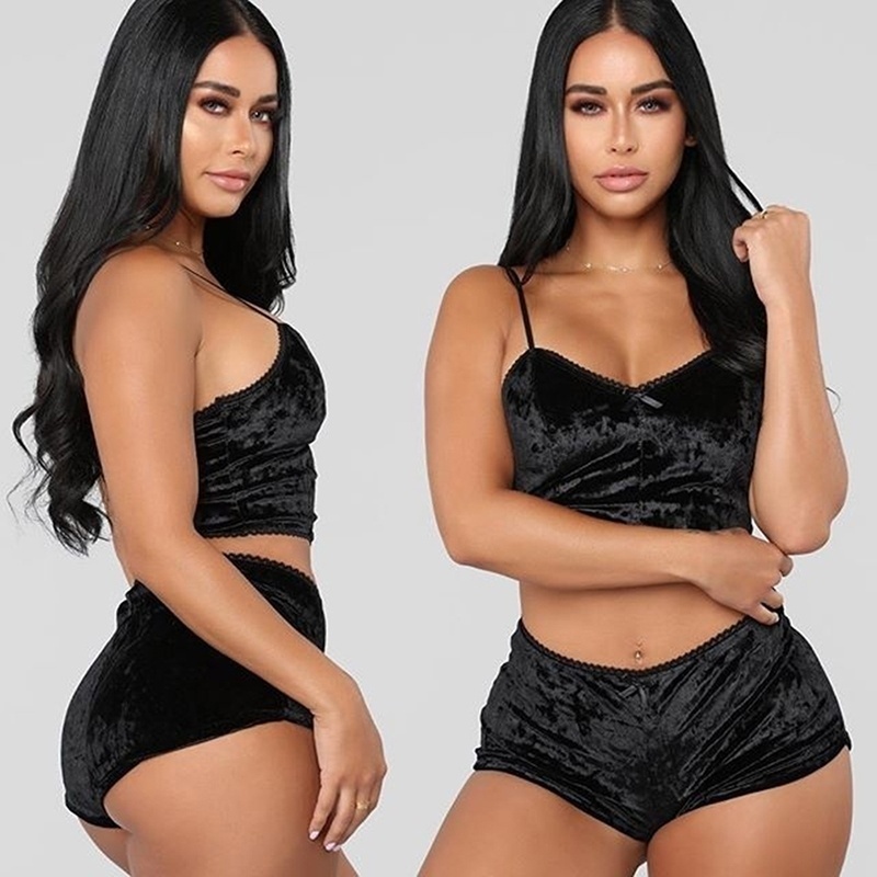 Set Đồ Lót Ngủ Gồm Áo Croptop Cổ Chữ V + Quần Lót Nhung Gợi Cảm Quyến Rũ Cho Nữ
