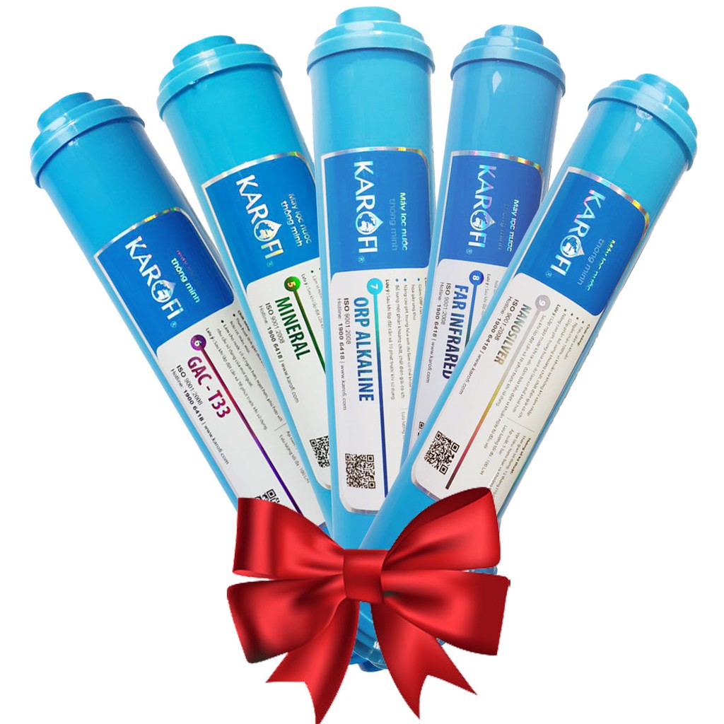 Combo 5 lõi lọc nước RO Karofi (T33 GAC, khoáng đá, ORP alkaline, hồng ngoại, nano silver)