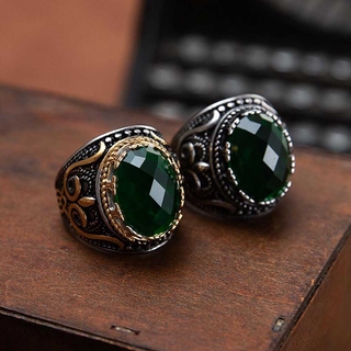 Nhẫn titan mạ vàng/bạc đính đá màu xanh lá phong cách vintage cho nam
