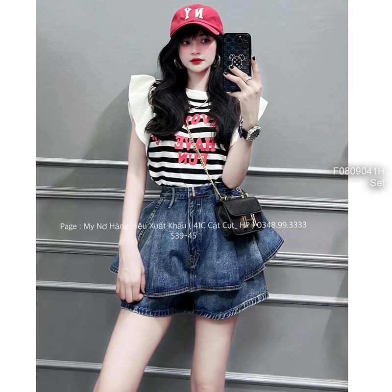 Set áo sọc cánh tiên quần jean giả váy 0922