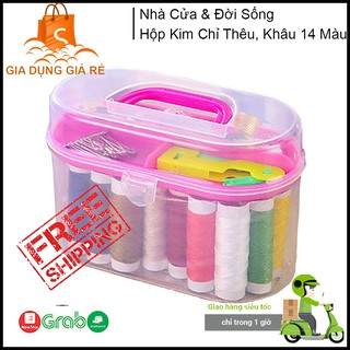 Hộp Kim Chỉ Thêu, Khâu 14 Màu, 24 Kim Khâu Tặng Kèm Kéo Cắt Chỉ, Thước Dây, Bộ Hộp Nhựa Đựng Siêu Tiện Dụng
