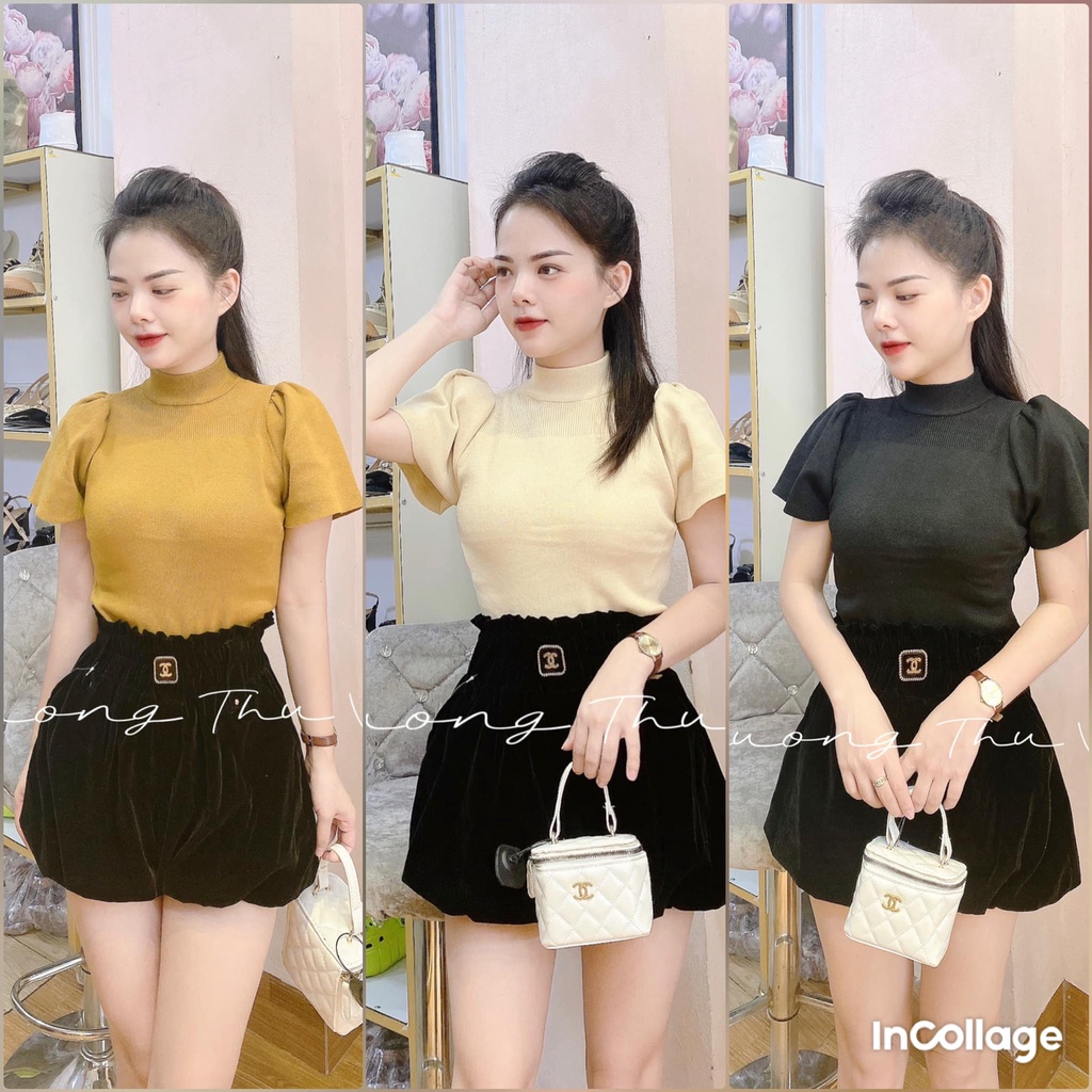 Áo len tăm cổ tròn tay bồng, Áo kiểu vai bồng tay bồng chất len dầy đẹp co dãn (Ảnh thật Phương Thu Vũ)