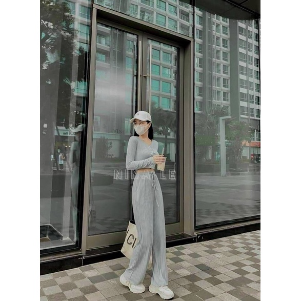 set quần ống rộng áo croptop chất thun gân