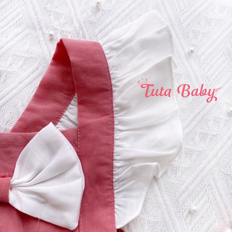 Bodysuit Cho Bé Chất Đũi Lụa, Thiết Kế Body Váy Hồng Đậm 2 Tầng, Body Bé Gái Kèm Turban Dễ Thương