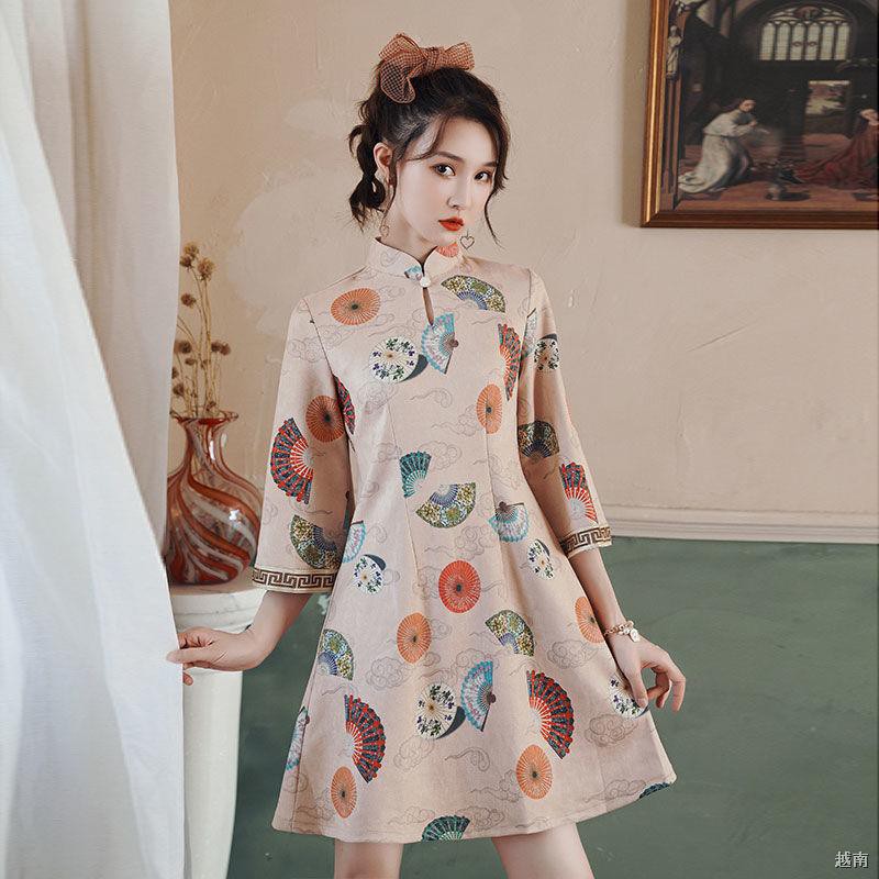 ✕✜✢Sườn xám ống tay to ngược phiên bản cải tiến mùa xuân váy hàng ngày cô gái a-line Phong cách Trung Quốc áo