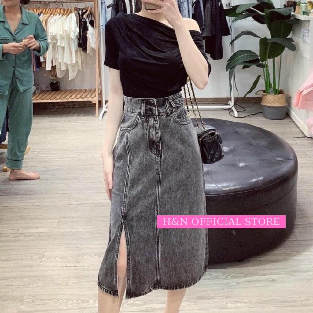 Chân váy jean dài xẻ tà chữ a lưng cao chân váy bò dài qua gối phong cách hàn quốc HN Clothing CV3