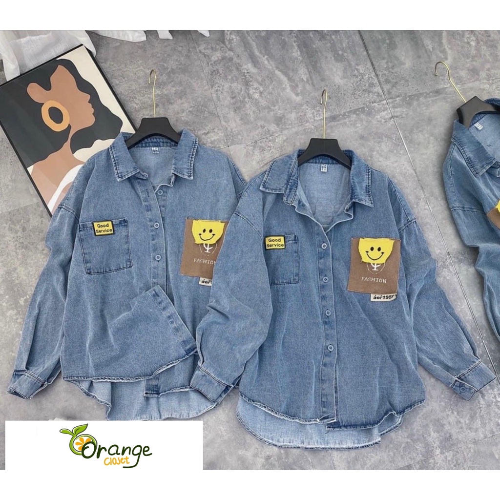 Áo sơ mi jean nữ có túi tay dài phối hình dễ thương. Áo sơ mi bò nữ tay dài Free size 45&gt;&gt;60kg OR26301