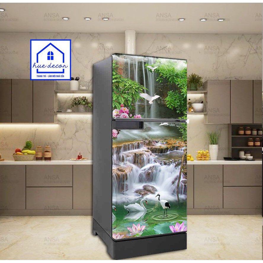 Giấy dán chuyên dụng trang trí tủ lạnh - máy giặt 3D  Hồ Thiên Nga Hue Decor- chống nước, nấm mốc