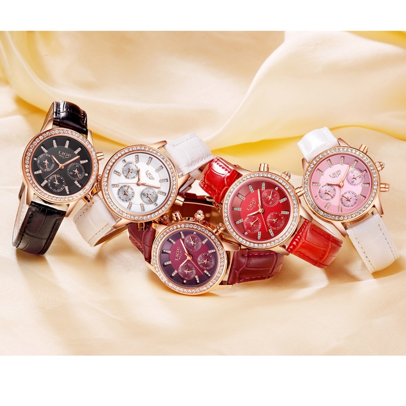 LIGE 9812 Women Fashion Simple Leather Waterproof Quartz Watch