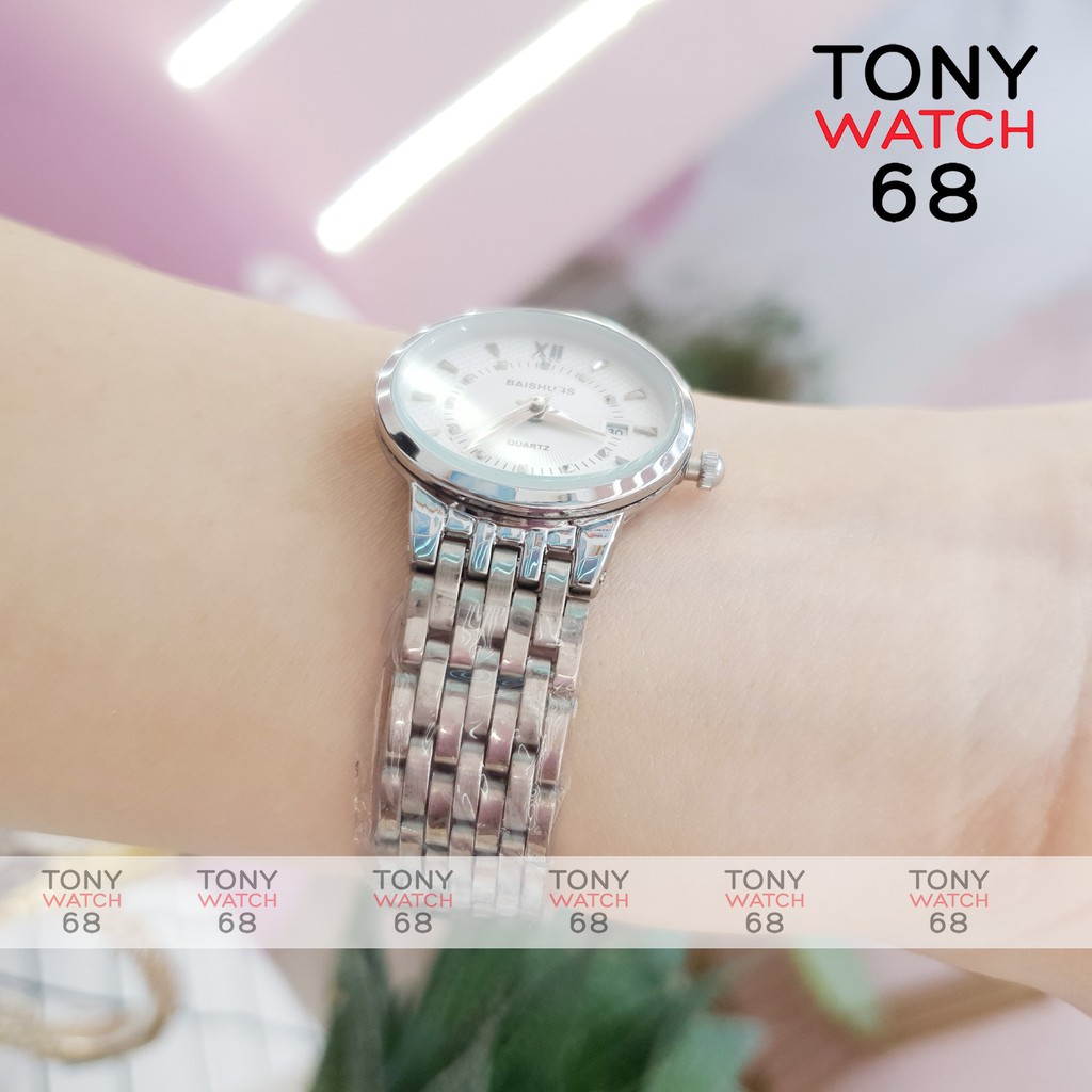 Đồng hồ cặp đôi nam nữ Baishuns mặt tròn trắng dây kim loại bạch kim chính hãng Tony Watch 68 | BigBuy360 - bigbuy360.vn