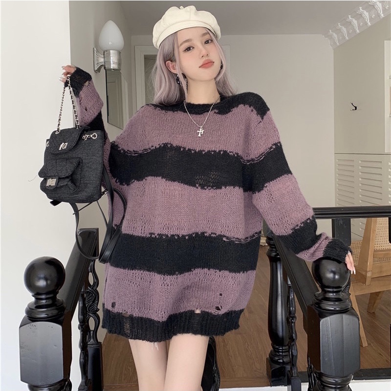 Áo Len Sweater Rách Kẻ Sọc Ngang Gấu Phối Rách Full Đen Trắng Tím Xám Hot Trend Mùa Đông