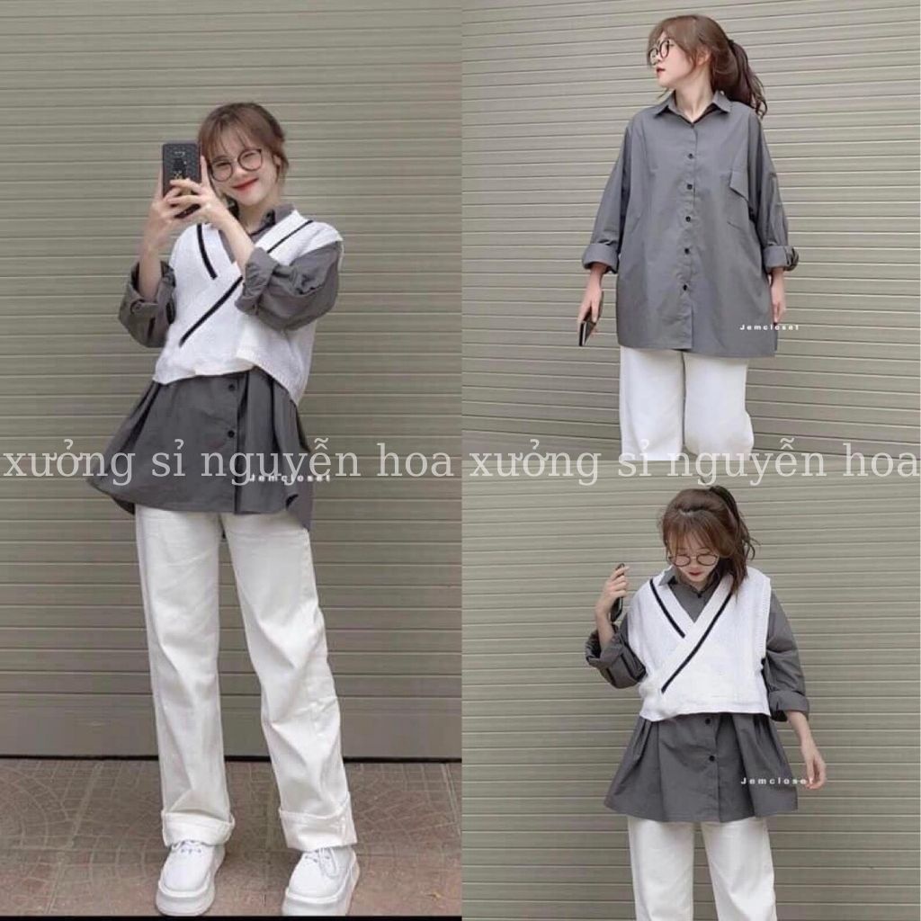 Set áo sơ mi nữ dài tay màu chì kèm áo gile thun trắng kiểu dáng thụng phong cách hàn quốc Xưởng Sỉ Nguyễn Hoa