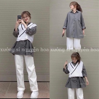 Set áo sơ mi nữ dài tay màu chì kèm áo gile thun trắng kiểu dáng thụng phong cách hàn quốc Xưởng Sỉ Nguyễn Hoa