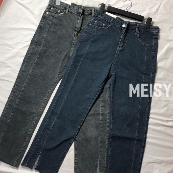 Quần jean ống đứng màu xanh than xẻ ống co giãn phong cách Hàn Quốc(Meisy)
