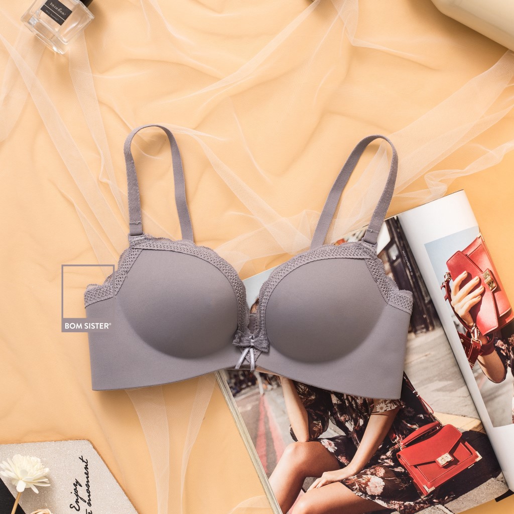 Áo lót mút vừa su đúc viền ren không gọng màu trơn đính nơ nâng ngực tự nhiên BOM SISTER A6442 | BigBuy360 - bigbuy360.vn