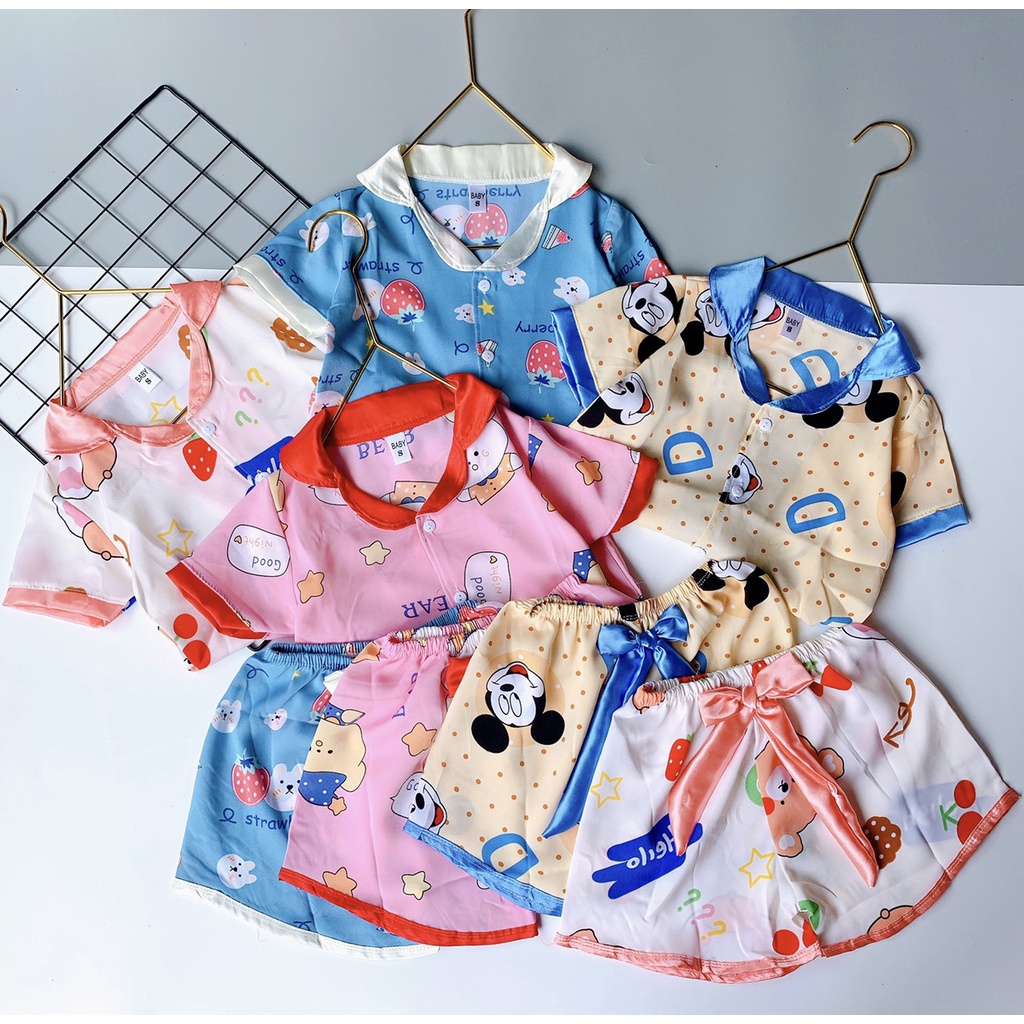 SALE BỘ PIJAMA SATIN CỘC BÉ GÁI MỊN MÁT SIZE 15-25KG