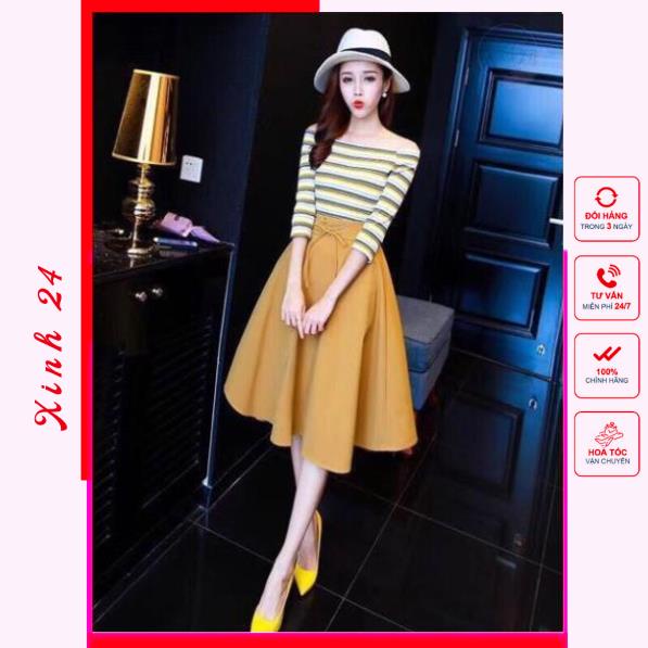 Chân váy xòe vintage nút trước thiết kế kiểu dáng tiểu thư form chuẩn | BigBuy360 - bigbuy360.vn