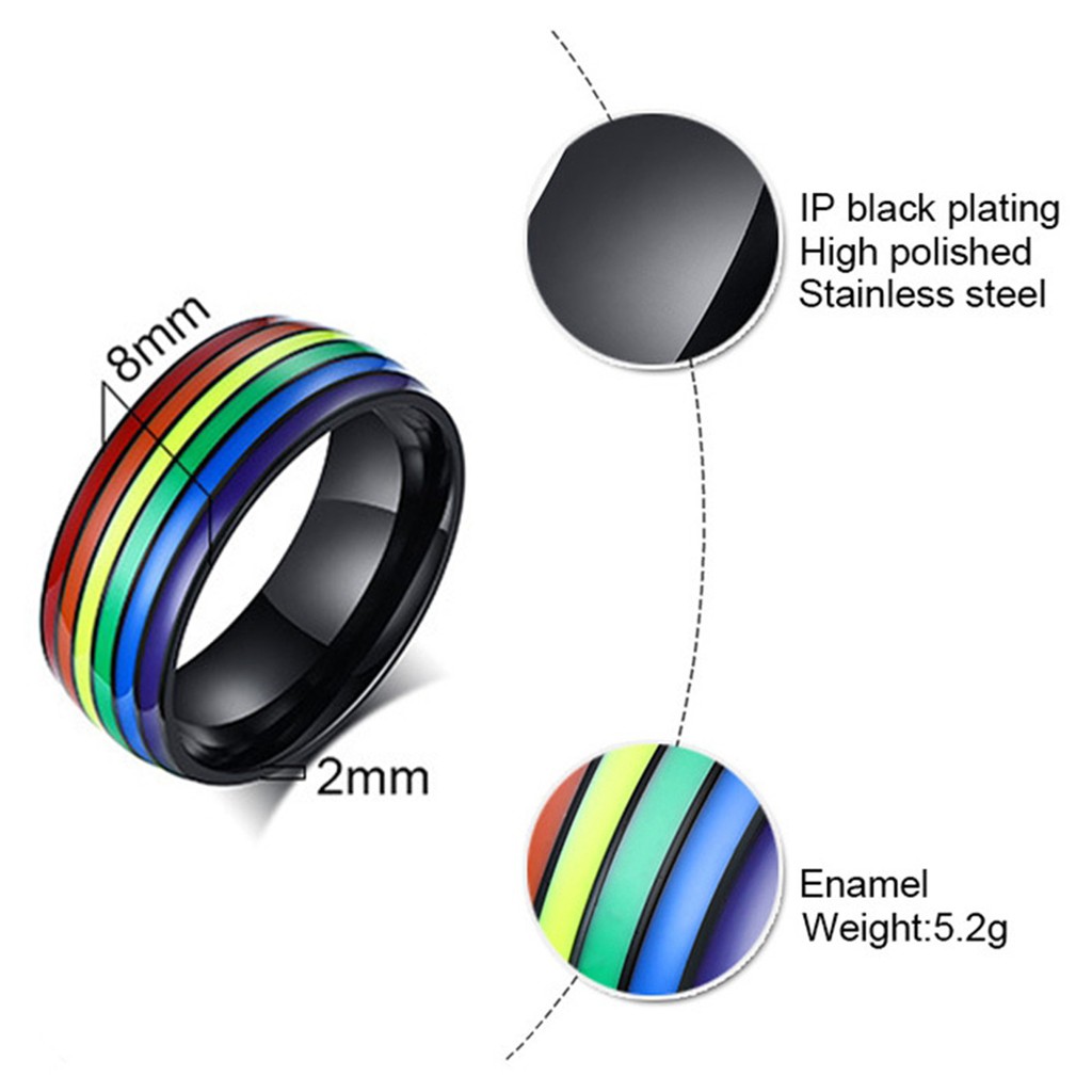 8mm Stainless Steel Enamel Rainbow LGBT Pride Ring US  7 Size  17.4mm