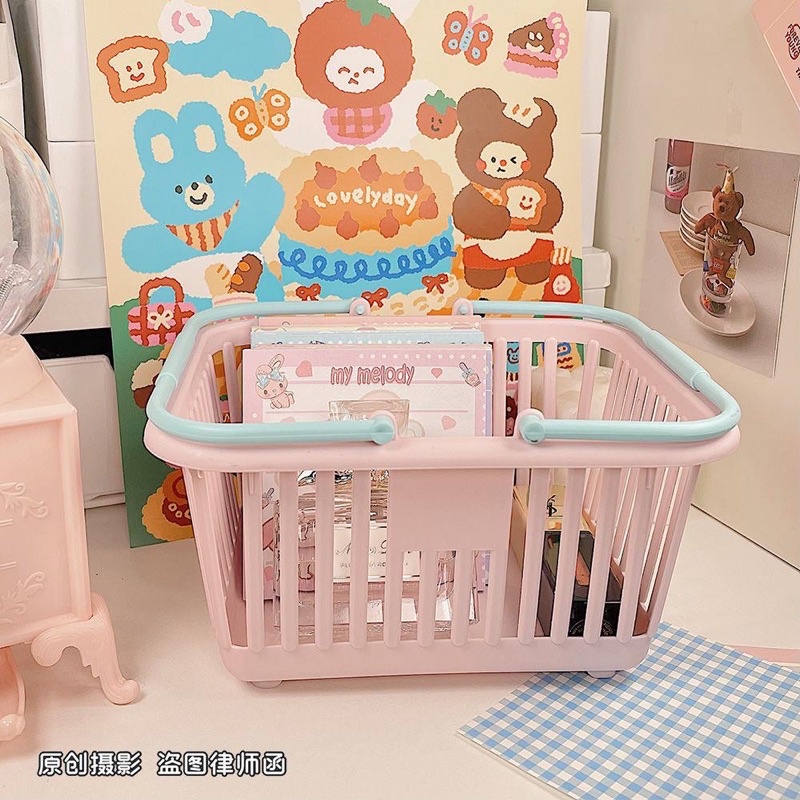 Giỏ nhựa mini có quai xách màu macaron xinh xắn decor